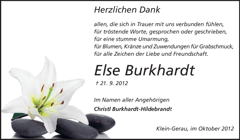 Traueranzeige für Else Burkhardt vom 20.10.2012 aus Rüsselsheimer Echo, Groß-Gerauer-Echo, Ried Echo