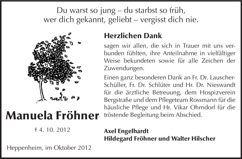  Traueranzeige für Manuela Fröhner vom 25.10.2012 aus Starkenburger Echo