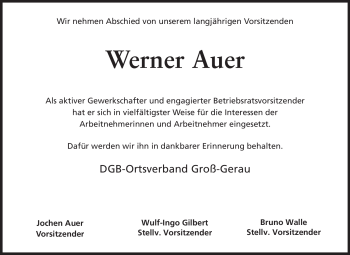 Traueranzeige von Werner Auer von Rüsselsheimer Echo, Groß-Gerauer-Echo, Ried Echo