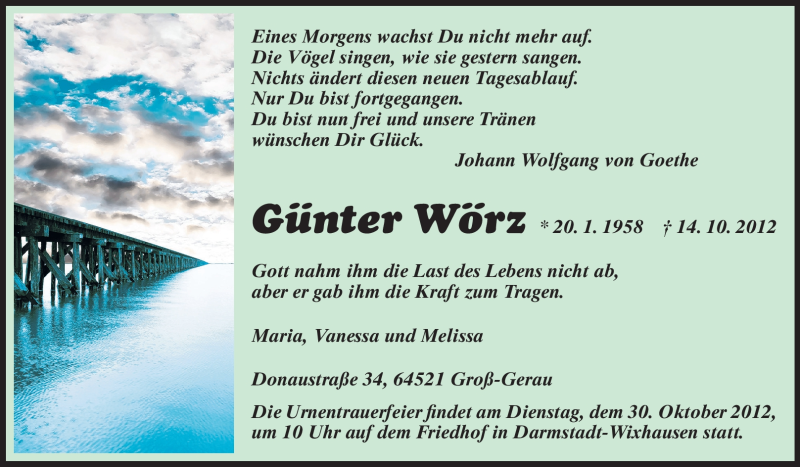  Traueranzeige für Günter Wörz vom 20.10.2012 aus Rüsselsheimer Echo, Groß-Gerauer-Echo, Ried Echo