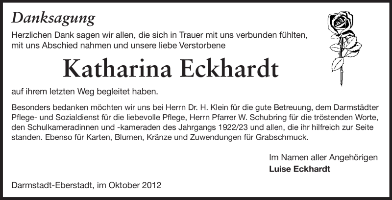  Traueranzeige für Katharina Eckhardt vom 20.10.2012 aus Echo-Zeitungen (Gesamtausgabe)