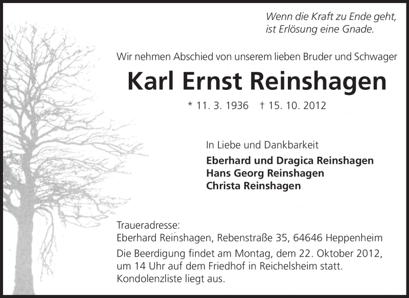  Traueranzeige für Karl Ernst Reinshagen vom 19.10.2012 aus Odenwälder Echo