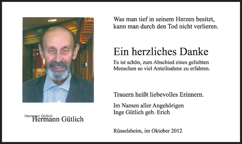  Traueranzeige für Hermann Gütlich vom 20.10.2012 aus Rüsselsheimer Echo, Groß-Gerauer-Echo, Ried Echo