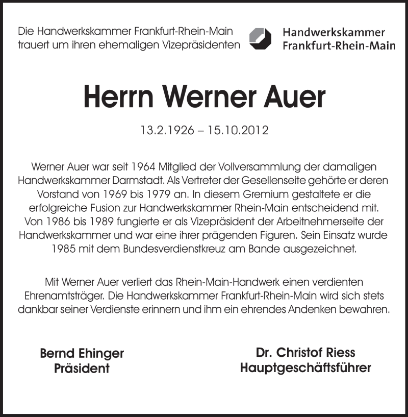  Traueranzeige für Werner Auer vom 19.10.2012 aus Rüsselsheimer Echo, Groß-Gerauer-Echo, Ried Echo