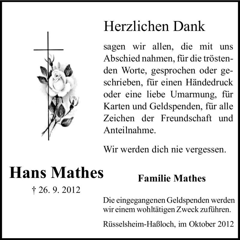  Traueranzeige für Hans Mathes vom 20.10.2012 aus Rüsselsheimer Echo, Groß-Gerauer-Echo, Ried Echo