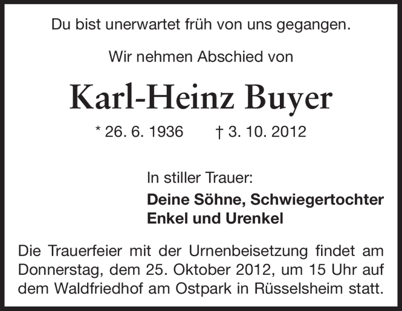 Traueranzeige für Karl-Heinz Buyer vom 20.10.2012 aus Rüsselsheimer Echo, Groß-Gerauer-Echo, Ried Echo