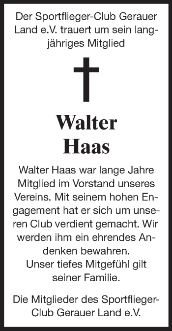 Traueranzeige von Walter Haas von Rüsselsheimer Echo, Groß-Gerauer-Echo, Ried Echo