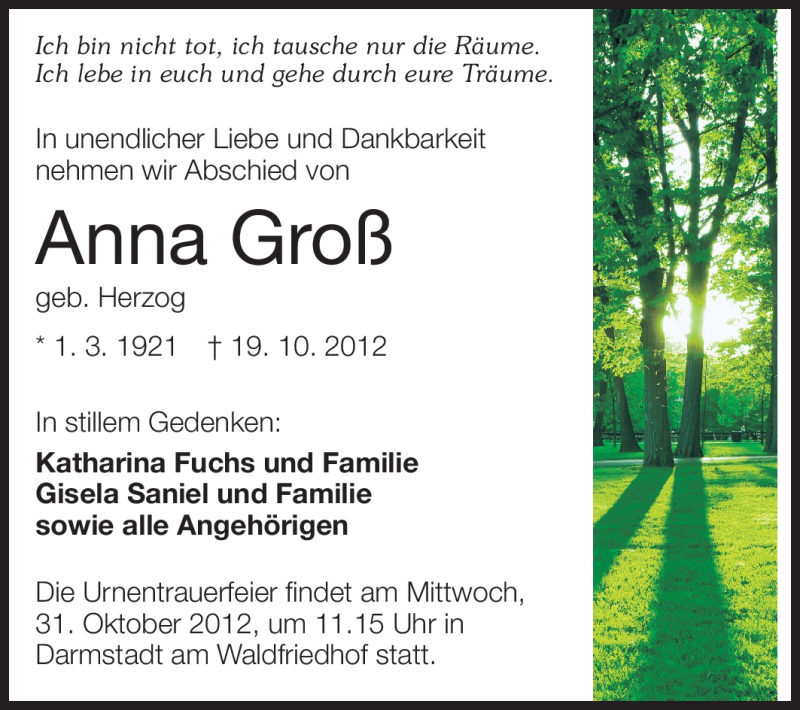  Traueranzeige für Anna Groß vom 27.10.2012 aus Echo-Zeitungen (Gesamtausgabe)