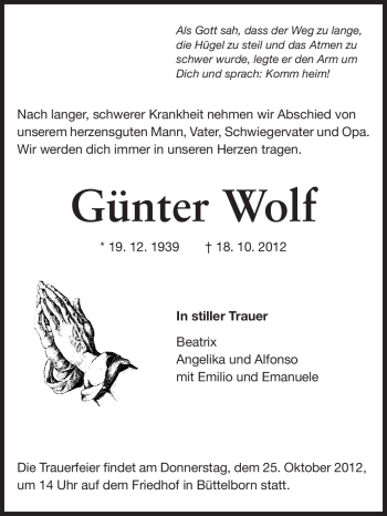 Traueranzeige von Günter Wolf von Rüsselsheimer Echo, Groß-Gerauer-Echo, Ried Echo