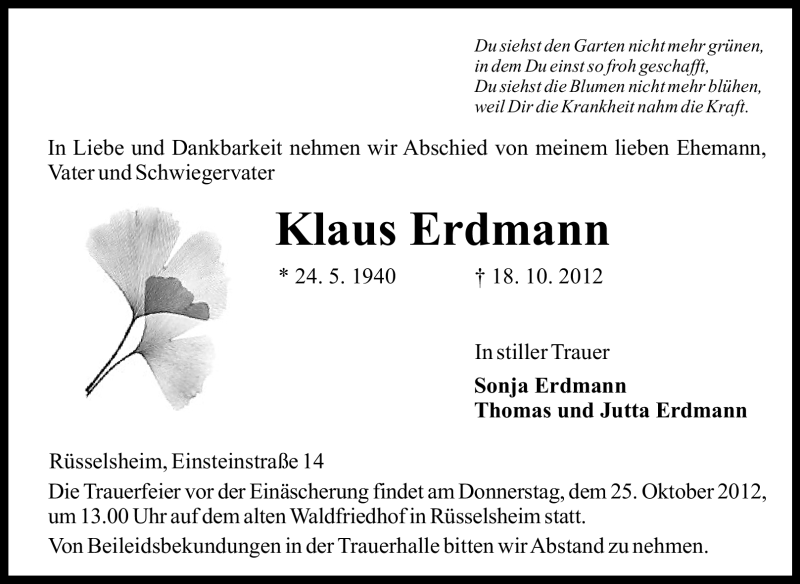  Traueranzeige für Klaus Erdmann vom 22.10.2012 aus Rüsselsheimer Echo, Groß-Gerauer-Echo, Ried Echo