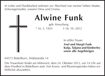 Traueranzeige von Alwine Funk von Rüsselsheimer Echo, Groß-Gerauer-Echo, Ried Echo