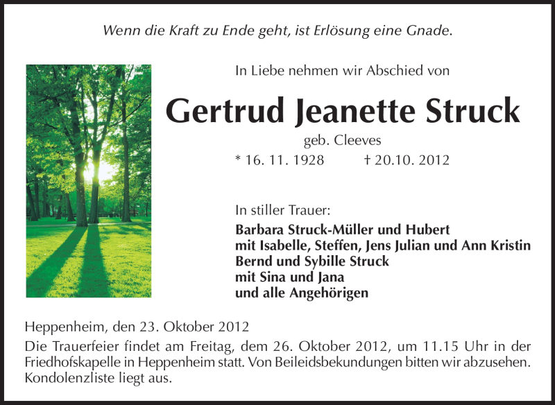  Traueranzeige für Gertrud Jeanette Struck vom 23.10.2012 aus Starkenburger Echo, Bergsträßer Anzeiger
