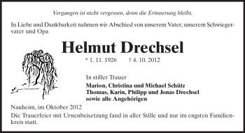 Traueranzeige von Helmut Drechsel von Rüsselsheimer Echo, Groß-Gerauer-Echo, Ried Echo