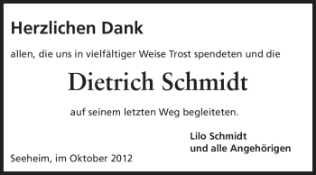 Traueranzeige von Dietrich Schmidt von Darmstädter Echo, Odenwälder Echo, Rüsselsheimer Echo, Groß-Gerauer-Echo, Ried Echo