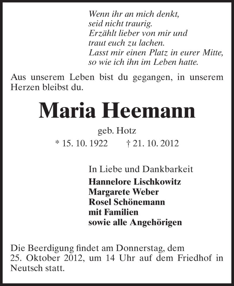  Traueranzeige für Maria Heemann vom 23.10.2012 aus Echo-Zeitungen (Gesamtausgabe)
