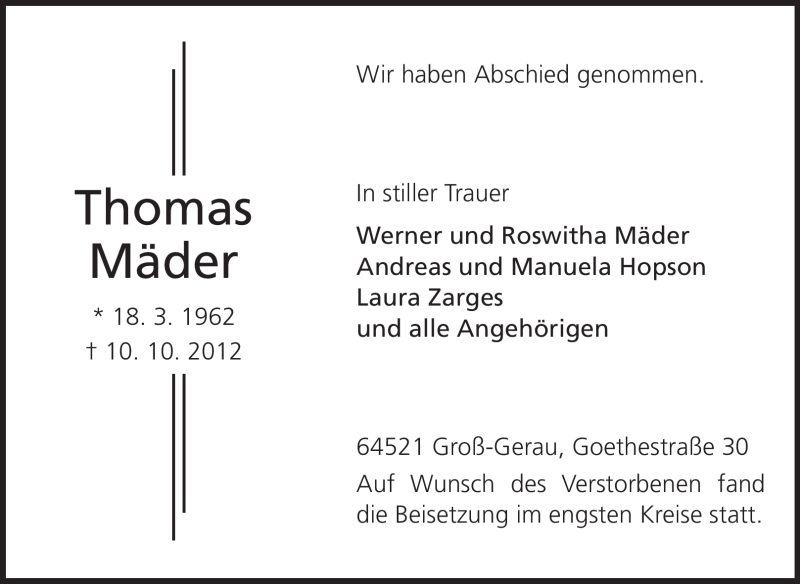  Traueranzeige für Thomas Mäder vom 26.10.2012 aus Rüsselsheimer Echo, Groß-Gerauer-Echo, Ried Echo