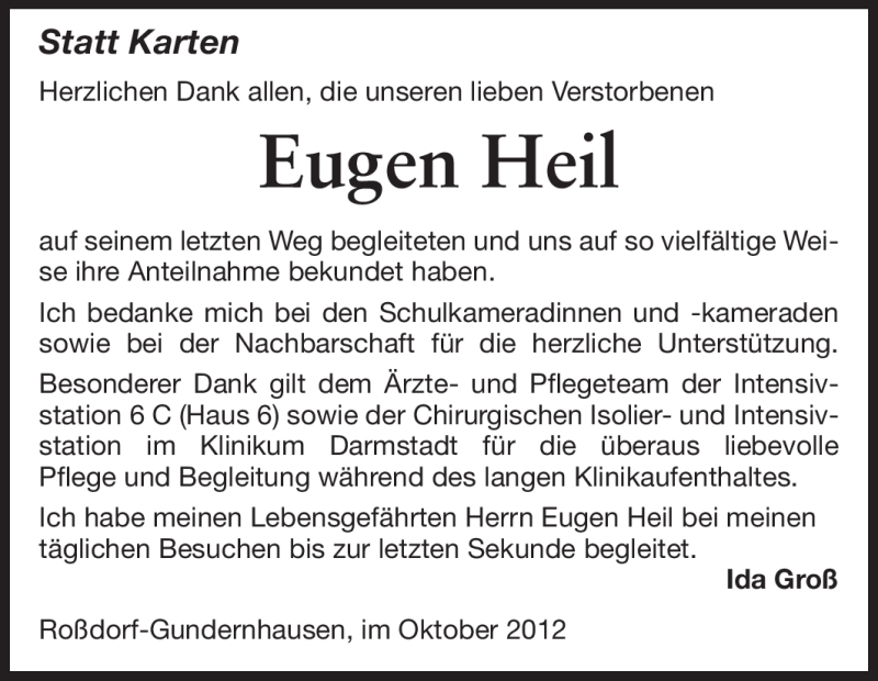  Traueranzeige für Eugen Heil vom 03.11.2012 aus Darmstädter Echo, Odenwälder Echo, Rüsselsheimer Echo, Groß-Gerauer-Echo, Ried Echo