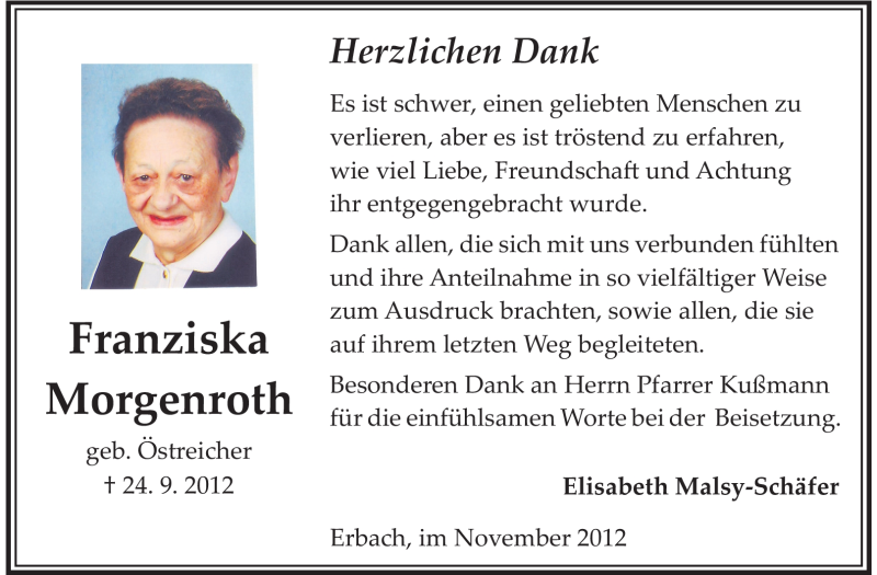  Traueranzeige für Franziska Morgenroth vom 03.11.2012 aus Odenwälder Echo