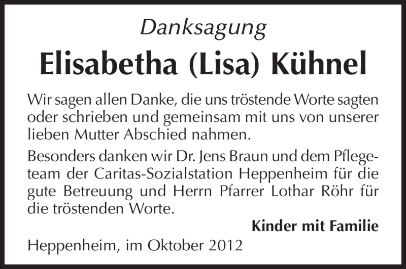  Traueranzeige für Elisabetha Kühnel vom 24.10.2012 aus Starkenburger Echo