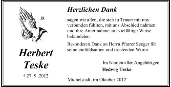 Traueranzeige von Herbert Teske von Odenwälder Echo