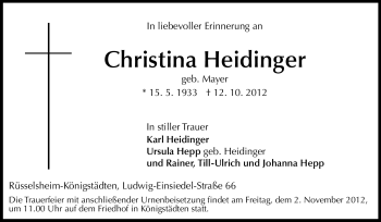 Traueranzeige von Christina Heidinger von Rüsselsheimer Echo, Groß-Gerauer-Echo, Ried Echo