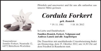 Traueranzeige von Cordula Forkert von Rüsselsheimer Echo, Groß-Gerauer-Echo, Ried Echo