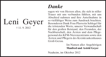 Traueranzeige von Leni Geyer von Rüsselsheimer Echo, Groß-Gerauer-Echo, Ried Echo