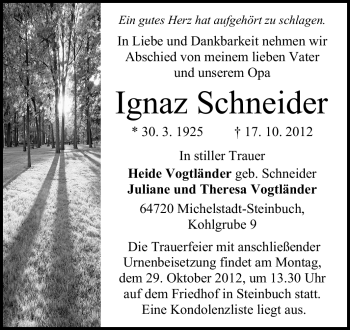 Traueranzeige von Ignaz Schneider von Echo-Zeitungen (Gesamtausgabe)