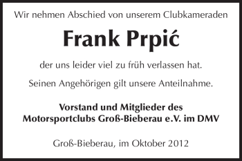 Traueranzeige von Frank Prpic von Echo-Zeitungen (Gesamtausgabe)