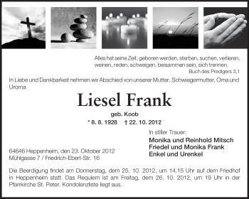 Traueranzeige von Liesel Frank von Starkenburger Echo