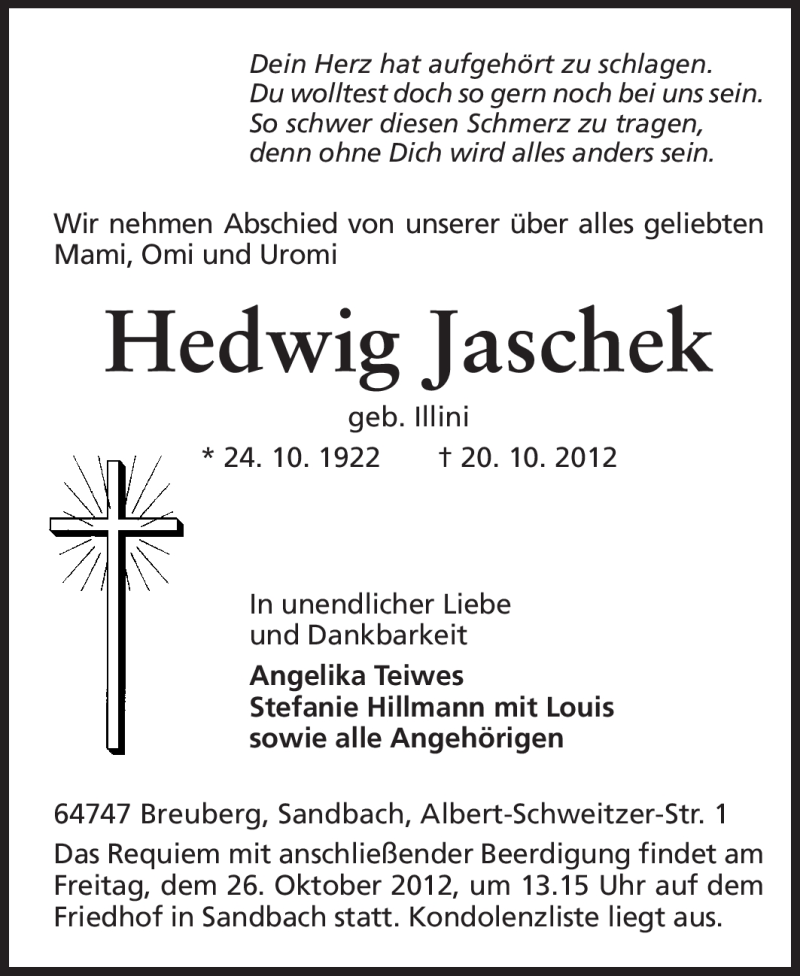  Traueranzeige für Hedwig Jaschek vom 24.10.2012 aus Odenwälder Echo
