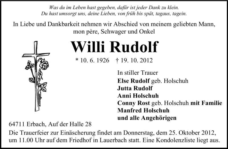  Traueranzeige für Willi Rudolf vom 24.10.2012 aus Odenwälder Echo
