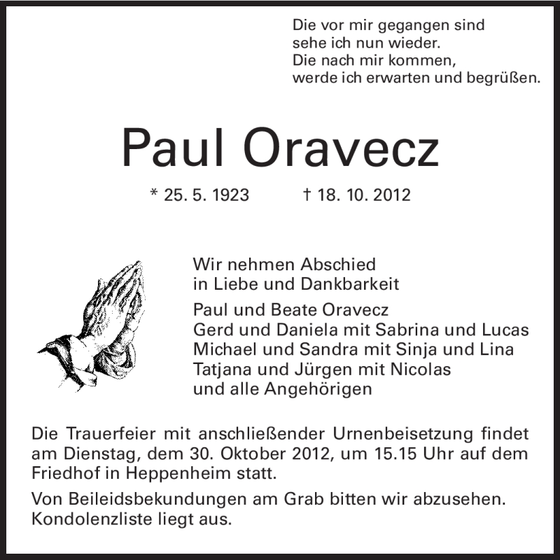  Traueranzeige für Paul Oravecz vom 26.10.2012 aus Starkenburger Echo