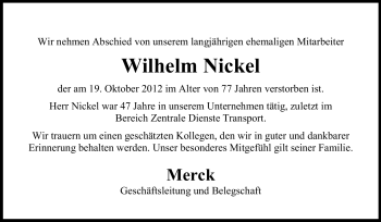 Traueranzeige von Wilhelm Nickel von Echo-Zeitungen (Gesamtausgabe)