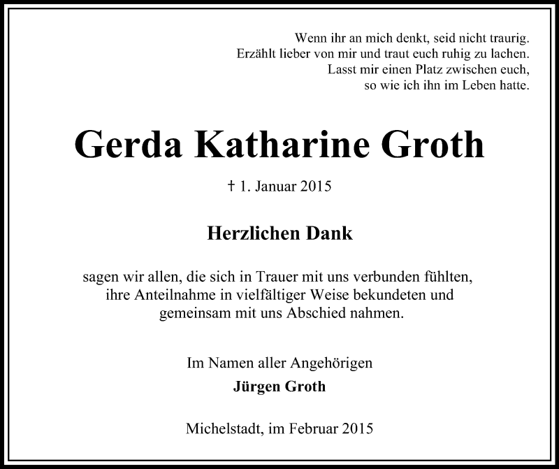  Traueranzeige für Gerda Katharine Groth vom 14.02.2015 aus Odenwälder Echo