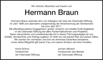 Traueranzeige von Hermann Braun von Odenwälder Echo