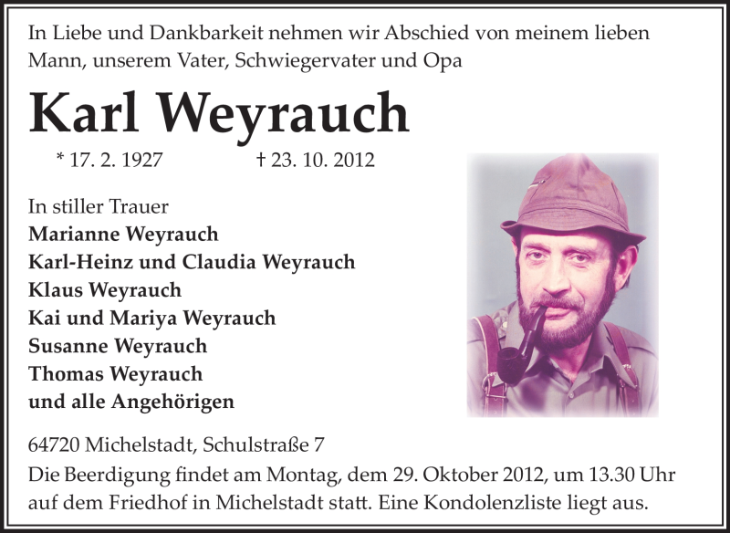  Traueranzeige für Karl Weyrauch vom 25.10.2012 aus Odenwälder Echo