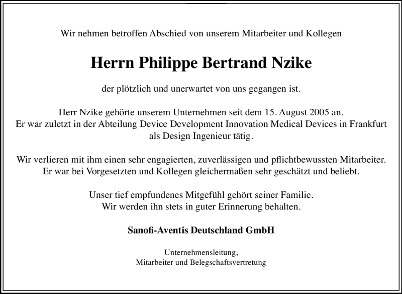  Traueranzeige für Philippe Bertrand Nzike vom 26.10.2012 aus Echo-Zeitungen (Gesamtausgabe)
