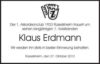 Traueranzeige von Klaus Erdmann von Rüsselsheimer Echo, Groß-Gerauer-Echo, Ried Echo