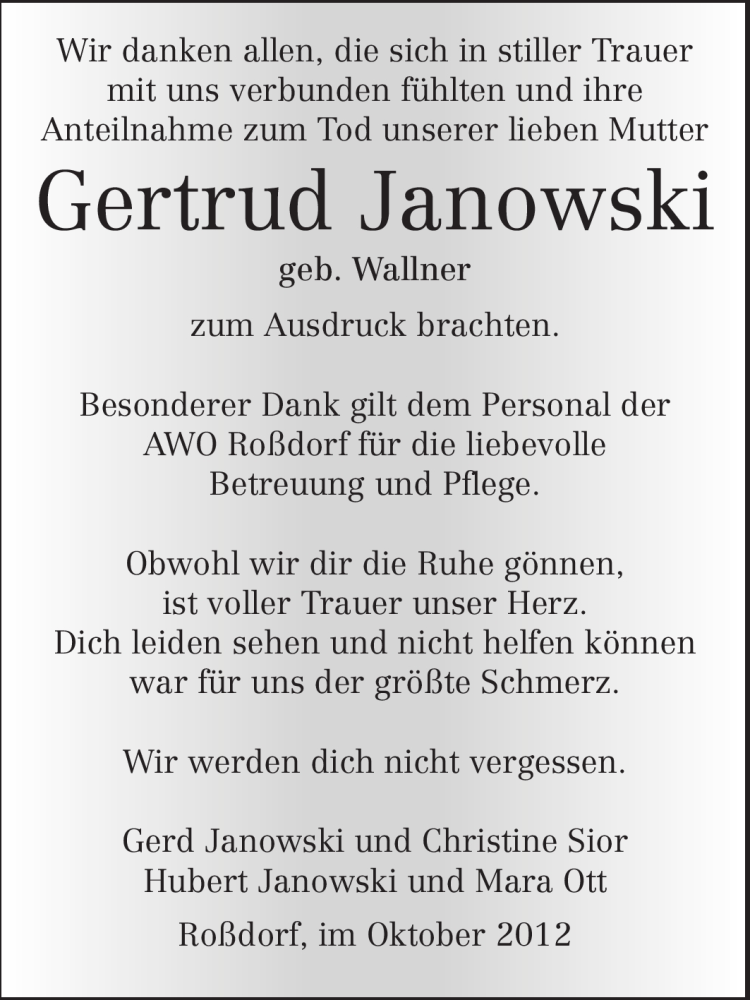  Traueranzeige für Gertrud Janowski vom 27.10.2012 aus Echo-Zeitungen (Gesamtausgabe)