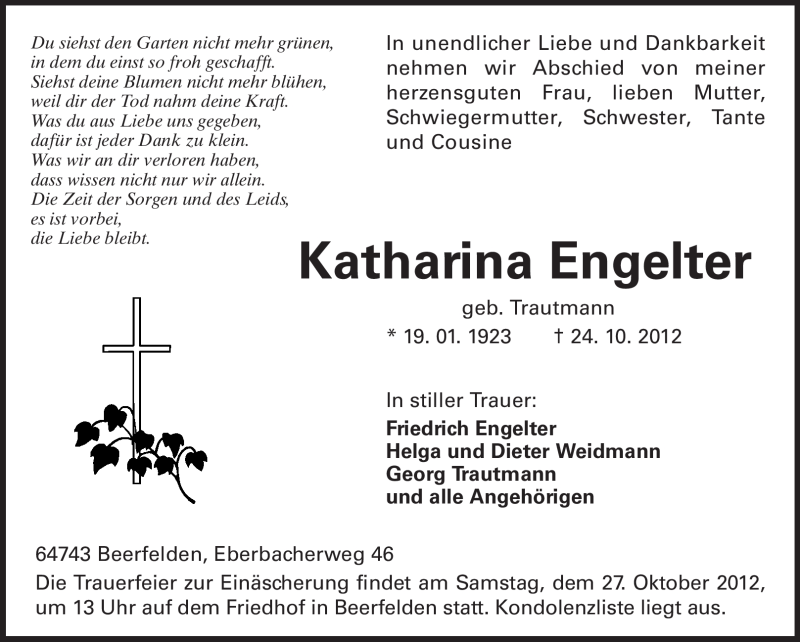  Traueranzeige für Katharina Engelter vom 26.10.2012 aus Odenwälder Echo