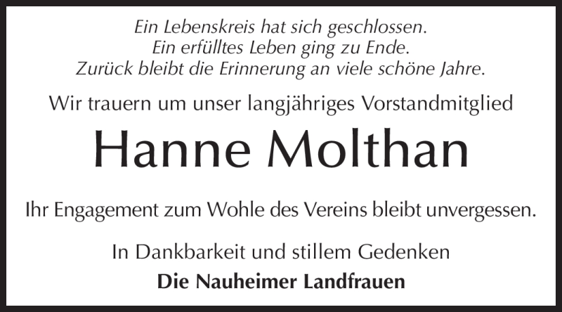  Traueranzeige für Hanne Moltau vom 26.10.2012 aus Rüsselsheimer Echo, Groß-Gerauer-Echo, Ried Echo