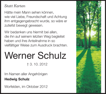Traueranzeige von Werner Schulz von Rüsselsheimer Echo, Groß-Gerauer-Echo, Ried Echo