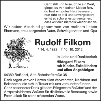 Traueranzeige von Rudolf Filkorn von Echo-Zeitungen (Gesamtausgabe)