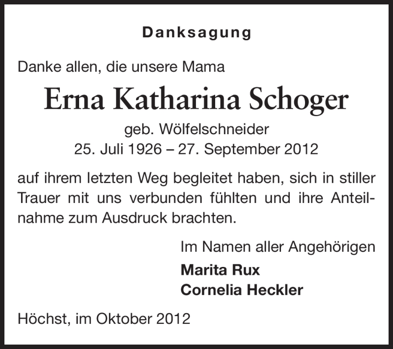  Traueranzeige für Erna Katharina Schoger vom 27.10.2012 aus Odenwälder Echo