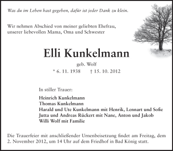 Traueranzeige von Elli Kunkelmann von Odenwälder Echo