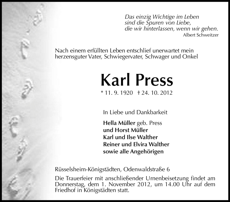  Traueranzeige für Karl Press vom 27.10.2012 aus Rüsselsheimer Echo, Groß-Gerauer-Echo, Ried Echo