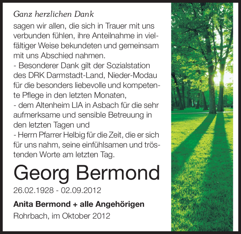  Traueranzeige für Georg Bermond vom 27.10.2012 aus Echo-Zeitungen (Gesamtausgabe)