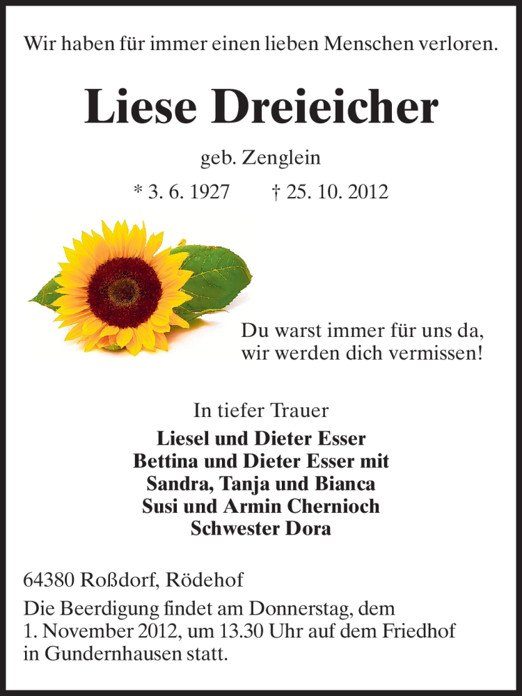  Traueranzeige für Liesel Dreieicher vom 29.10.2012 aus Echo-Zeitungen (Gesamtausgabe)