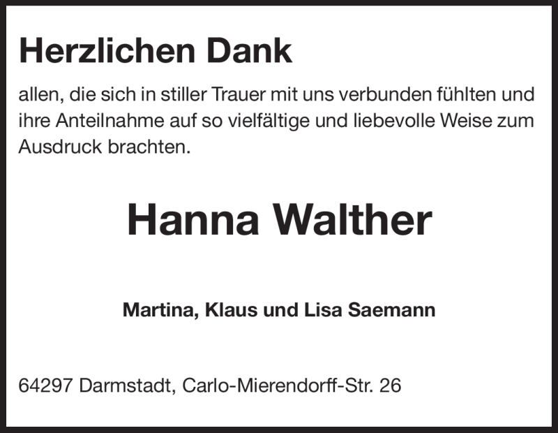  Traueranzeige für Hanna Walther vom 27.10.2012 aus Echo-Zeitungen (Gesamtausgabe)